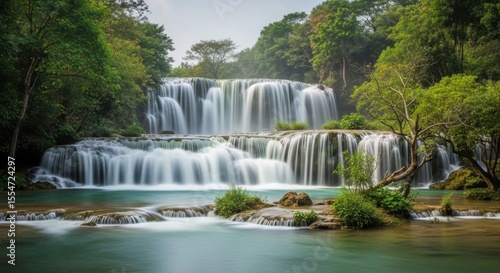 Beautiful Cascading Waterfall in a Lush Tropical Rainforest