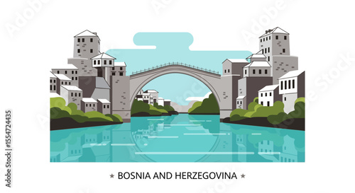 Stari Most Bridge in Mostar, Bosnia and Herzegovina, Vector Illustration