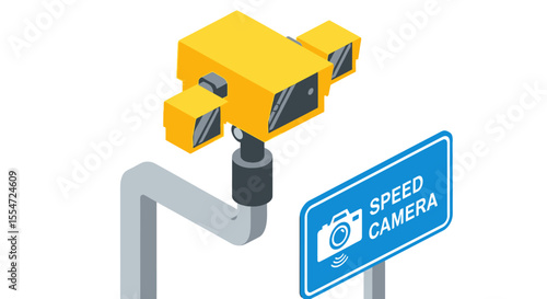 Isometric Illustration of a Yellow Speed Camera with Multiple Lenses Mounted on a Gray Pole, Next to a Blue Speed Camera Sign