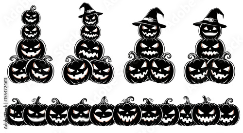 Halloween Jack-o'-Lantern Design with Stacked Pumpkins and Border