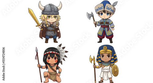 Chibi Characters: Viking, Kazakh Warrior, Native American, Egyptian Pharaoh
