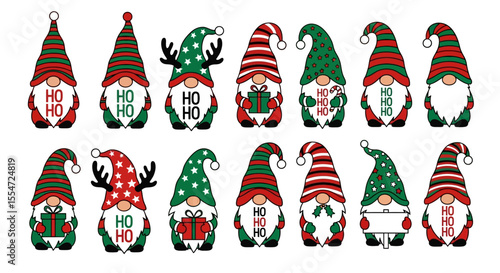 Twelve Christmas Gnomes in Red, Green, and White Striped Hats; Holding Gifts, Candy Canes, and Blank Signs