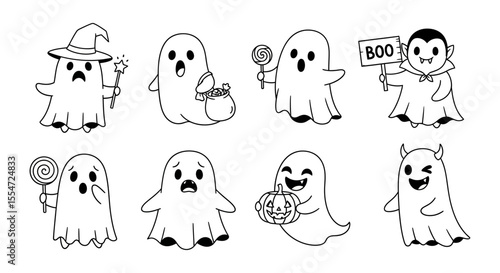 Adorable Halloween Ghost Characters in Various Costumes and Poses, Black and White.