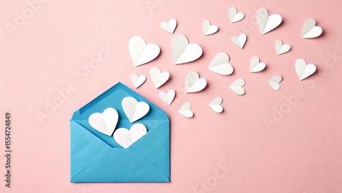 Flat lay of heart-shaped paper cutouts spilling from a blue envelope on pastel pink background, evoking romance and affection