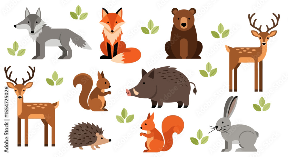 Fototapeta premium Collection of Cute Flat-Style Forest Animals: Wolf, Fox, Bear, Deer, Squirrel, Boar, Hedgehog, and Rabbit