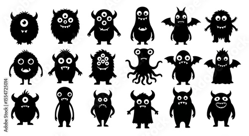 Collection of Black Silhouette Monsters with Various Shapes and Features