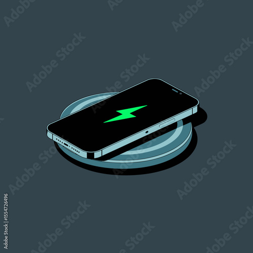 Wireless charging pad with smartphone on top, charging symbol in flat vector with dark background, Dark Mode UI style