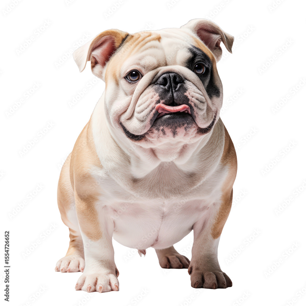 Fototapeta premium Bulldog's Candid Glance: A charming bulldog stands poised, showcasing its unique features with a curious gaze. This close-up portrait captures the essence of this beloved breed's character.