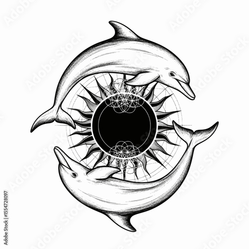 Two dolphins circling a dark sun infused with sacred geometry lines, balance of nature and cosmic energy in minimalist silhouette art