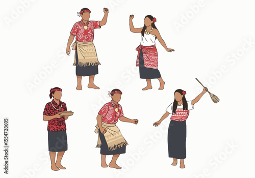 Illustrated Diverse Group of Pacific Islander People Performing Traditional Dance