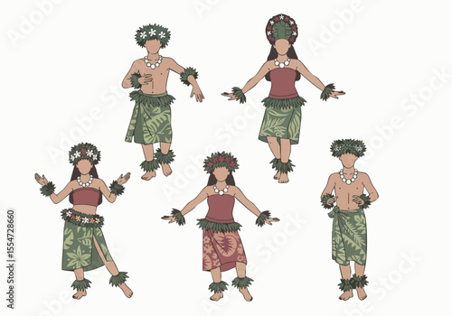 Colorful Cartoon Hawaiian Hula Dancers Performing a Traditional Dance Illustration