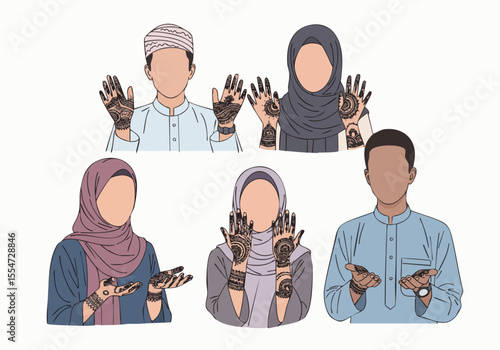 Faceless Handdrawn Mehndi Ceremony Diverse Family Celebration Illustration