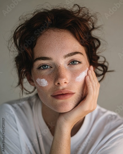 Soin Femme. Jeune Femme Appliquant Soins de la Peau avec CrÃ¨me Blanche sur le Visage et le Corps