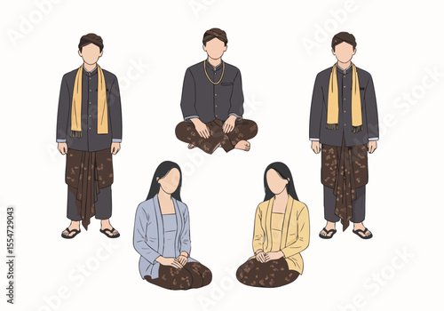 Flat Handdrawn Traditional Javanese Wedding Attire Characters Illustration Set Design