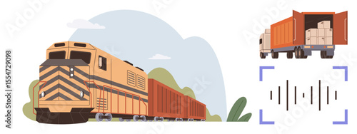 Freight train transporting goods, truck with open cargo container, sound wave symbol. Ideal for logistics, supply chain, transportation, freight, delivery services technology innovation. Simple