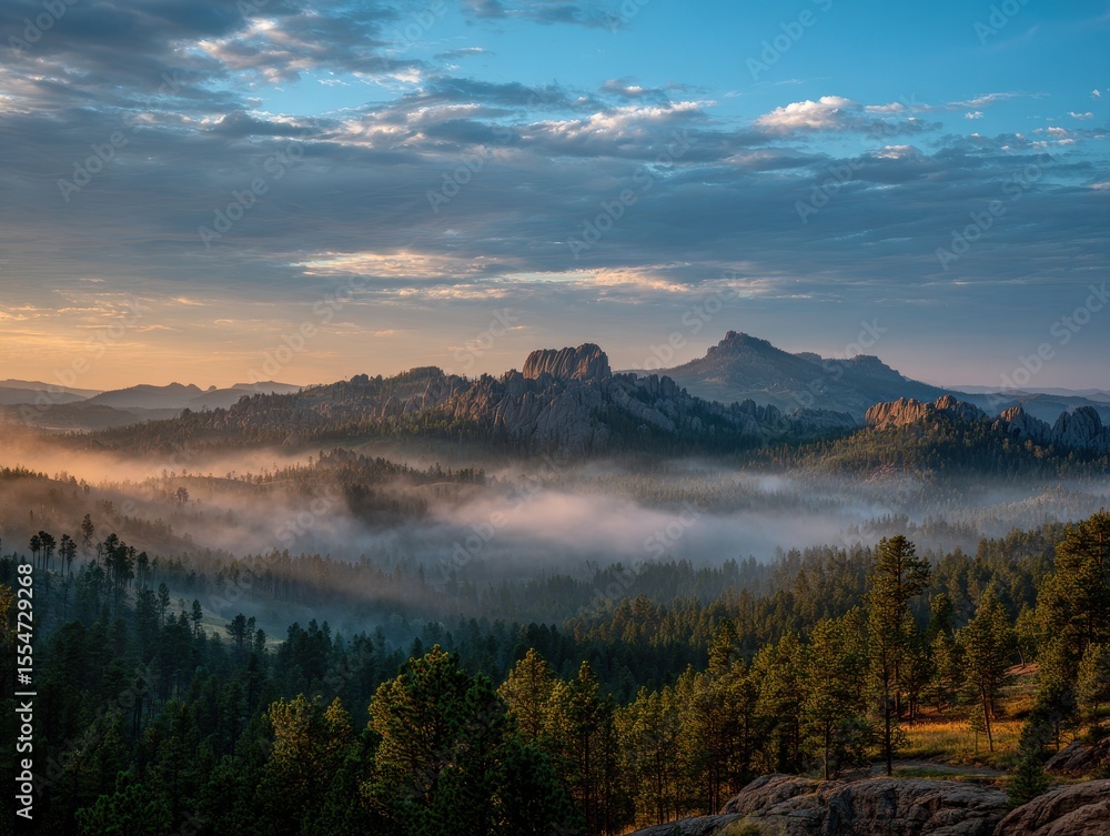 Fototapeta premium South Dakota Mountains. Misty Sunrise Over Custer State Park Needles. Panoramic Landscape View