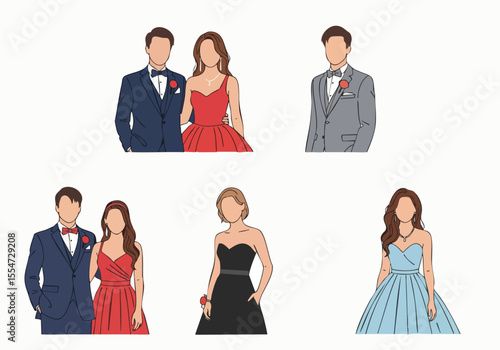 Minimalist Line Drawing Prom Couple and Singles People Illustration Asset