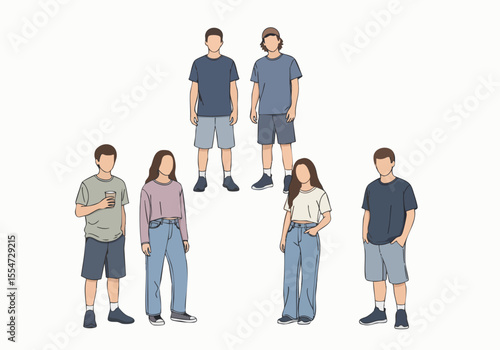 Minimalist Flat Design Crowd of People Standing Together Illustration Set