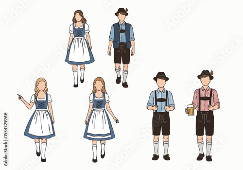 Flat Illustration Traditional Oktoberfest Outfit with People Group and Culture Celebration