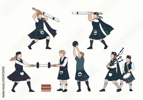 Colorful Flat Illustration of Scottish Highland Games Athletes People Sport Event