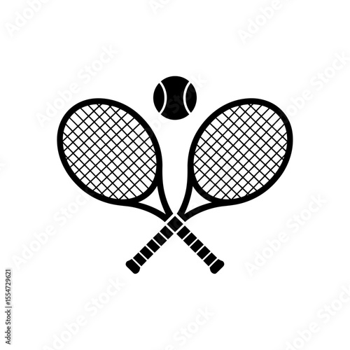 Minimalist Black and White Tennis Logo Design Crossed Rackets and Ball