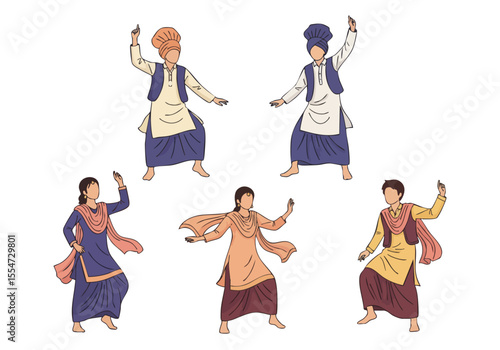 Colorful Handdrawn Punjabi Bhangra Dancer Group Illustration Culture Event