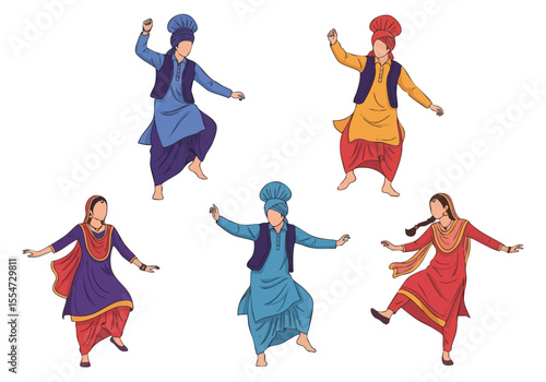 Flat Handdrawn Bhangra Dancer Group Celebration Punjabi Culture Illustration