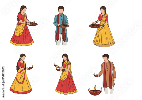 Artistic Handdrawn People Celebrating Diwali Traditional Festival Illustration Design