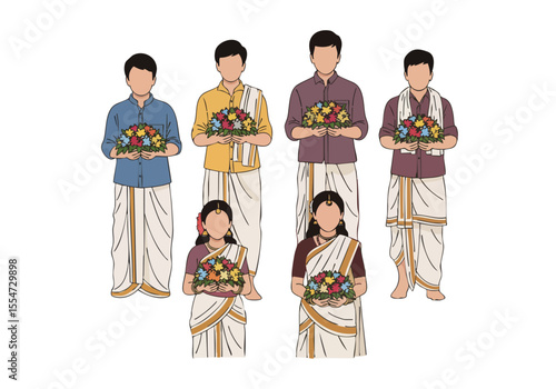 Detailed Flat Illustration of People Celebrating Onam Festival with Pookalam