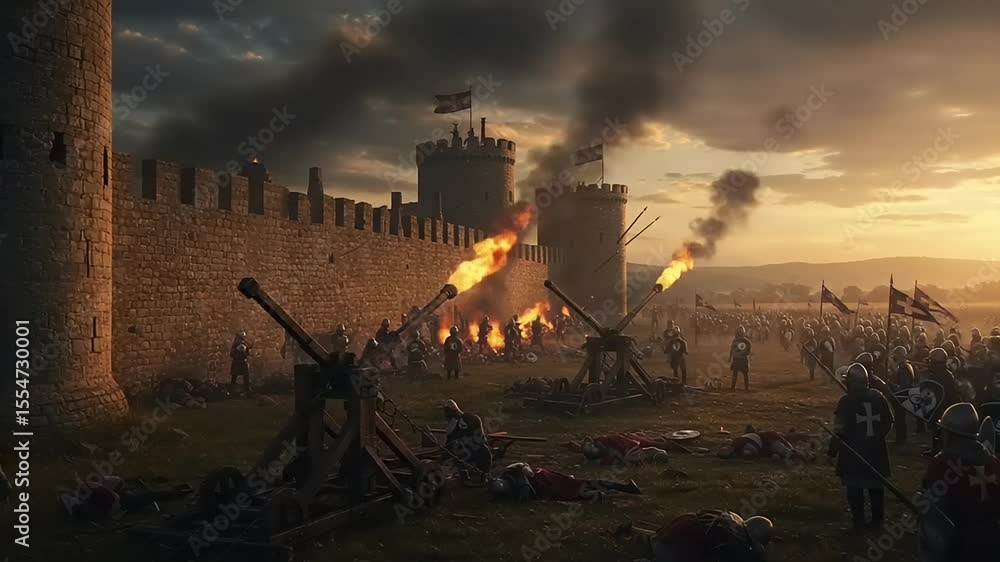 Medieval battle scene at sunset with siege engines, soldiers, and a ...