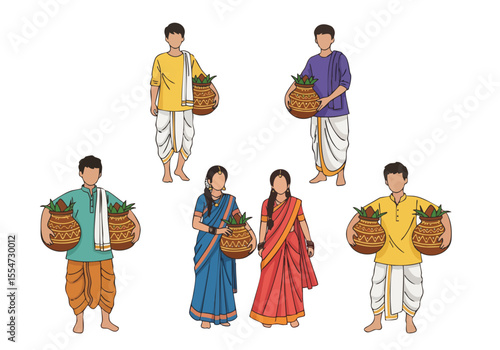 Flat Illustration People Carrying Kalash Pot for Indian Hindu Ceremony