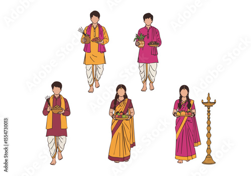 Flat Illustration Bengali Groom Bride and Family in Wedding Ceremony Illustration