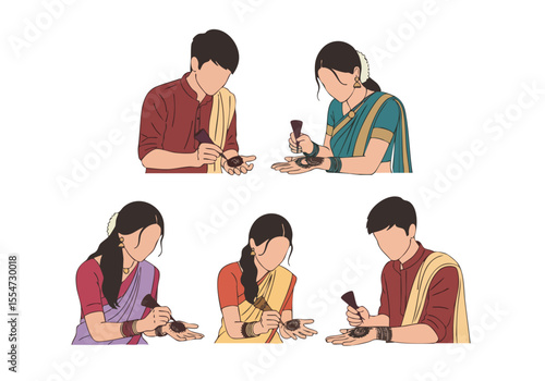 Minimalist Line Art Wedding Ceremony Haldi Ritual Tradition Illustration