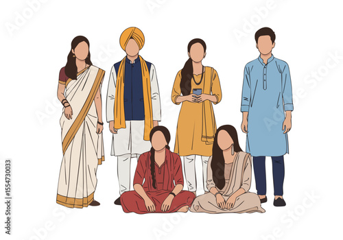 Handdrawn Diverse Group of Indian People Illustration Crowd Standing Together
