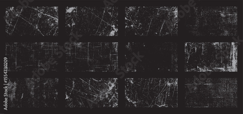 Grunge scratch texture set. Distressed grungy surface overlay collection with rough noise and dust effects. Vintage dirty damaged backgrounds.