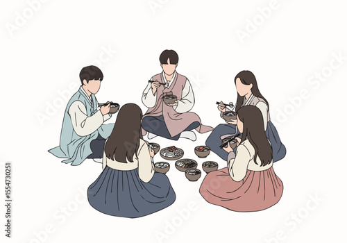 Minimalist Line Art People Gathering Eating Meal Korean Traditional Clothing