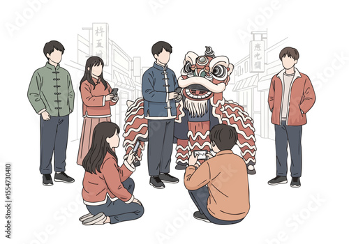 Detailed Illustration of Lion Dance Performance with Spectators on City Street