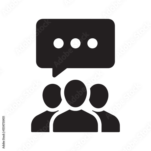 Team communication icon with a group of people and a speech bubble representing collaboration meeting discussion and corporate teamwork brainstorming vector solid glyph icon