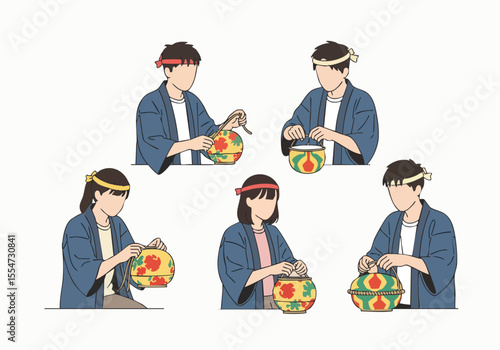 Minimalist Illustration People Opening Japanese Lantern Celebration Event