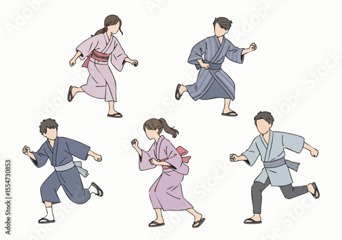 Artistic Handdrawn Active People Running in Yukata Traditional Costume Illustration