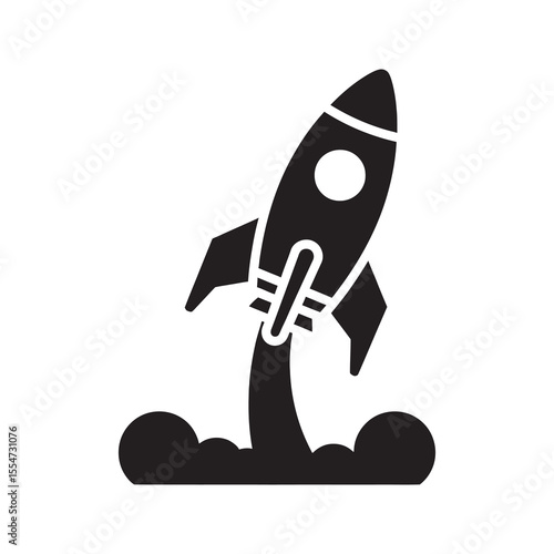 Startup rocket launch icon representing a new business project innovation and fast growth for a successful venture and market development vector solid glyph icon