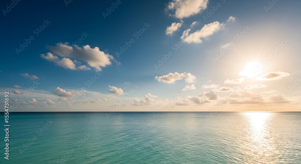 Obraz premium Serene sunset over calm turquoise ocean: peaceful tropical seascape with soft clouds