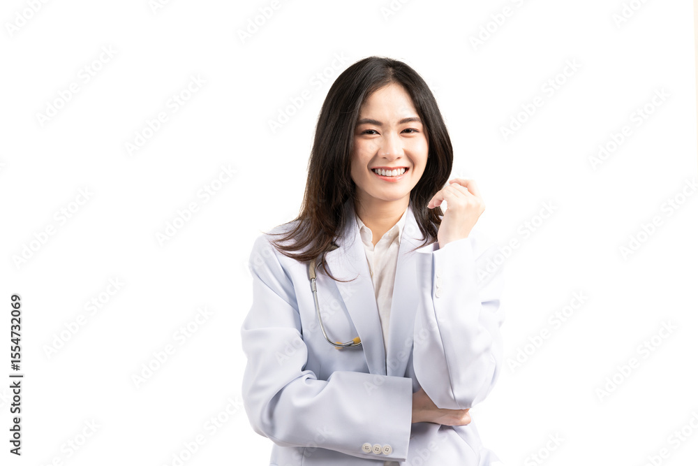 Portrait of happy and smile doctor wearing medical uniform and hold stethoscope at hospital.Beautiful smiling young asian woman doctor isolated on white background.Health care insurance concept. Portrait of happy and smile doctor wearing medical uniform and hold stethoscope at hospital.Beautiful smiling young asian woman doctor isolated on white background.Health care insurance concept.