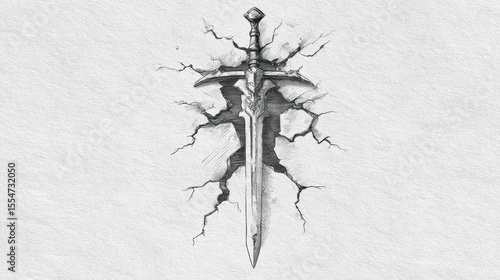 A stylized sword embedded in cracked stone