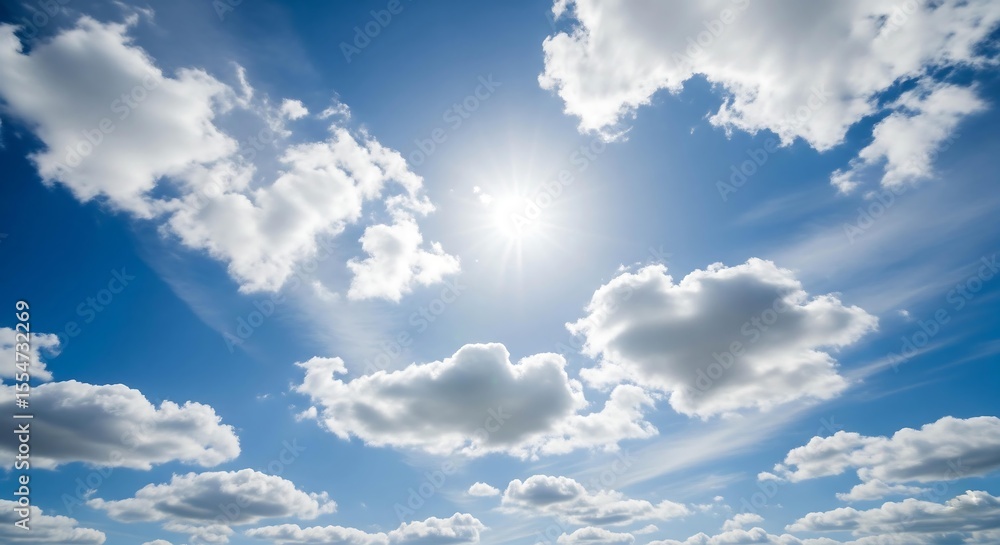 Fototapeta premium Bright sunny day: blue sky with puffy cumulus clouds, serene and peaceful atmosphere