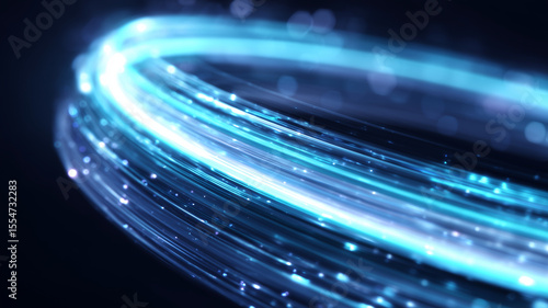 Glowing blue fiber optic cables with sparkling light effects create dynamic and futuristic technology background full of energy and motion