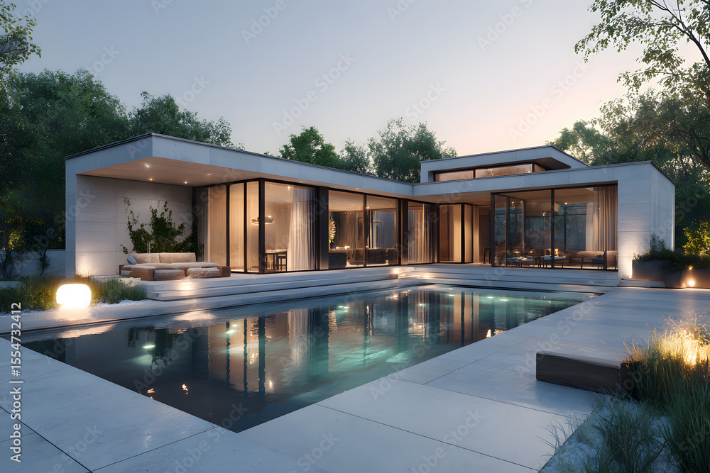 Fototapeta premium Modern luxury home exterior with swimming pool at dusk