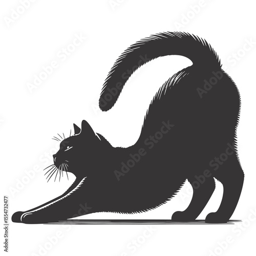 Stretching cat silhouette black vector for cozy pet art yoga graphics and feline themed projects