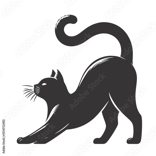 Stretching cat silhouette black vector for cozy pet art yoga graphics and feline themed projects