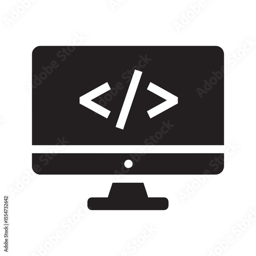 Web development icon with code on a computer screen representing programming software engineering and website design for front end creation vector solid glyph icon